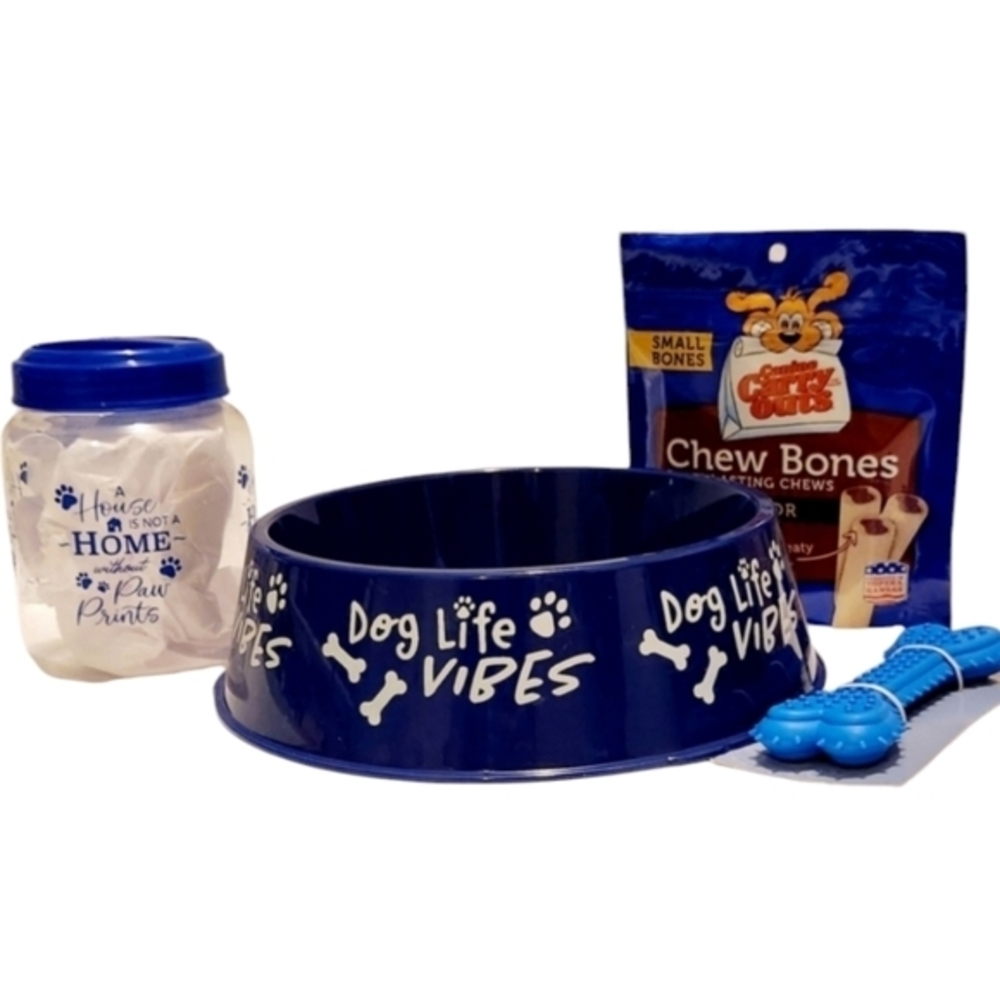 Dog Essentials Two Food‎ Bowls Treat Container Dental Bone Toy and Chew Bones